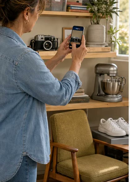 A woman photographing a vintage camera and other household items for sale in her garage