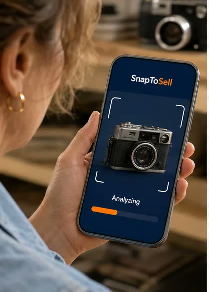 SnapToSell analyzing the photographed vintage camera on a seller's phone