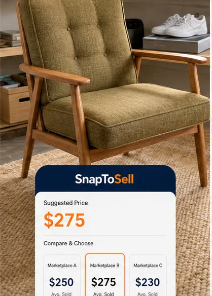 A chair for sale with SnapToSell suggested pricing and marketplace comparisons