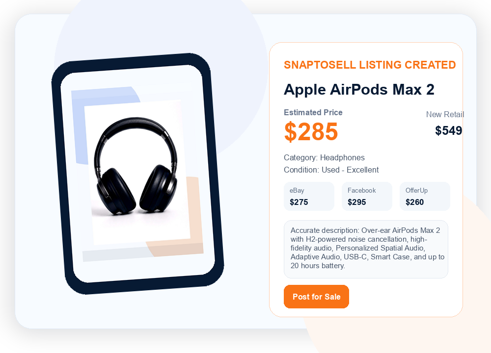 SnapToSell app showing a completed listing draft for Apple AirPods Max headphones with an estimated price of $285, marketplace comparisons, and a ready description