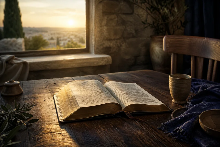 An open Bible on a table in morning light