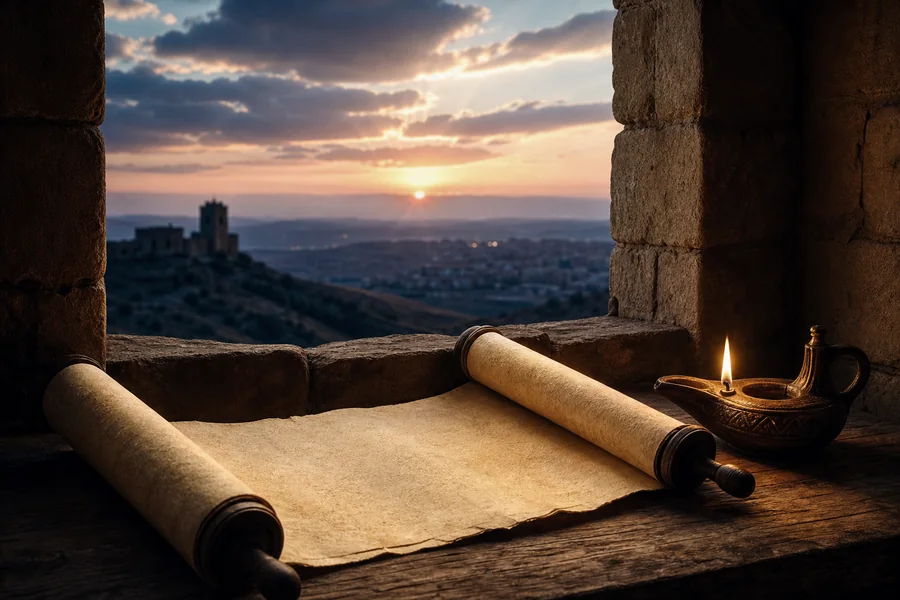 An ancient scroll and oil lamp overlooking a city at sunrise