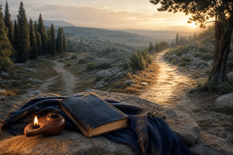 A Bible and oil lamp beside two paths at sunrise